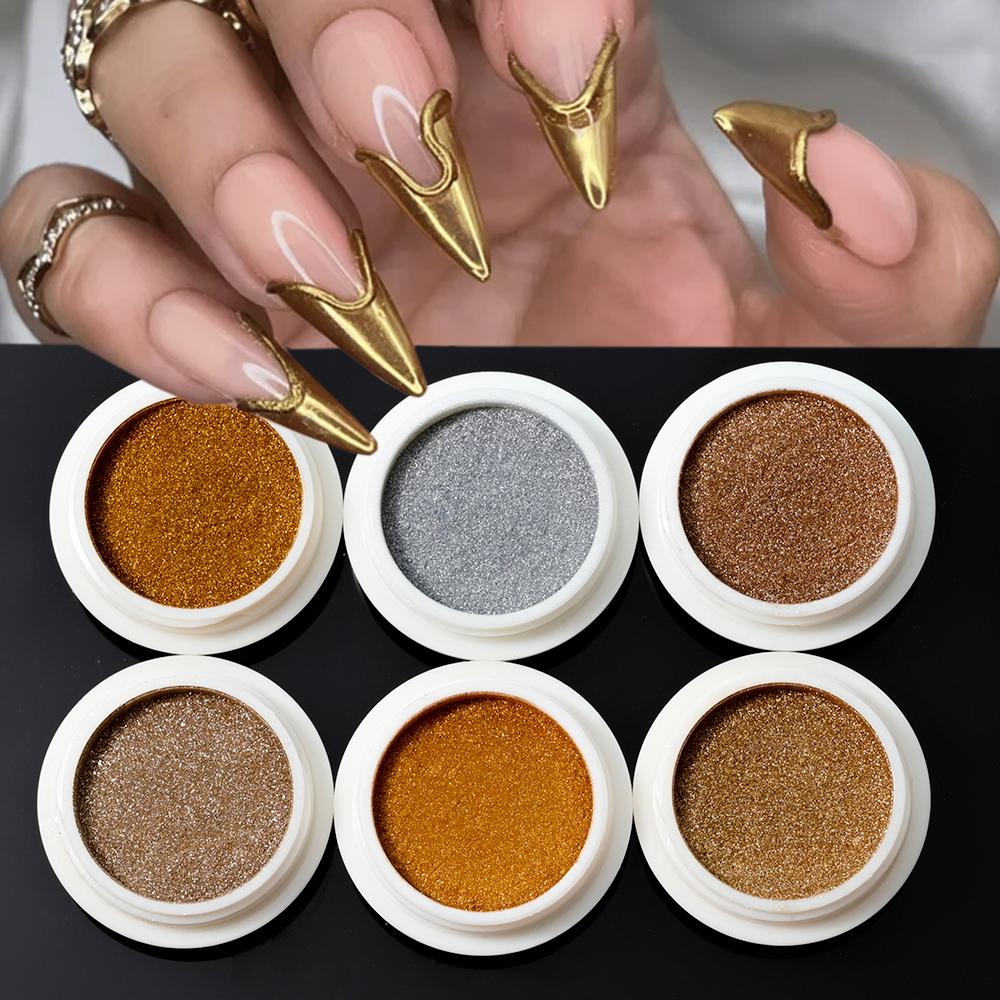 6pcs Chrome Gold Silver Nail Powder Mirror Metallic Rubbing Nail Art Glitter Pigment Rose/Golden/Silvery/Brown Nail Chrome Dust
