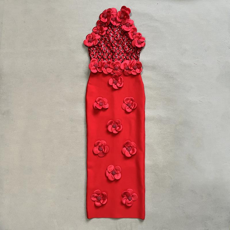 Cross-Border New Fashion 3D Floral Sequin Sleeveless Bodycon Evening Gown