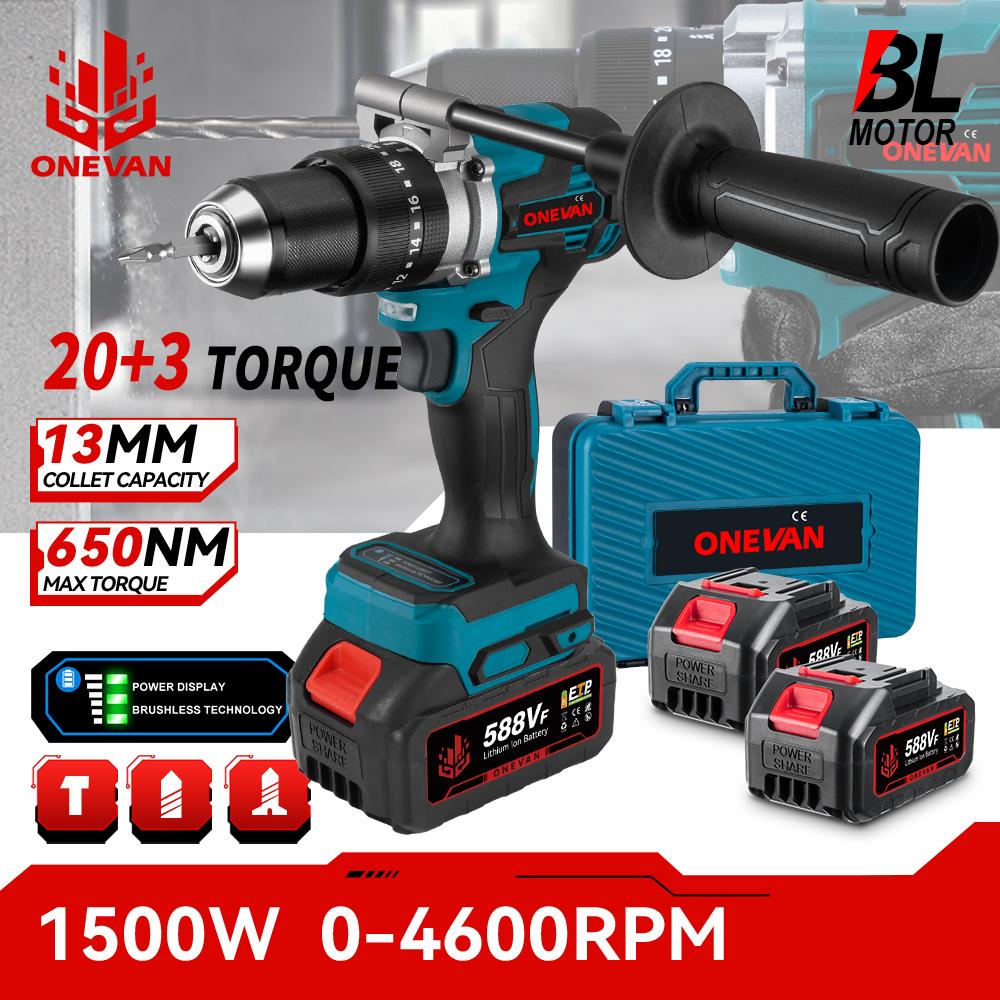 Onevan 1500W Brushless Electric Impact Drill 20+3 Torque 3In1 Electric Screwdriver Hammer Drill Power Tools For Makita 18V Battery