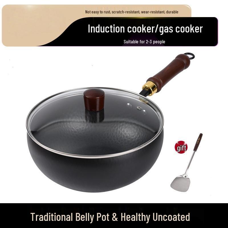 Zhangqiu Handgefertigter Antihaft-Eisen-Wok: 24CM Wok mit großem Bauch zum Pfannenrühren, für Gerichte, zum Schmoren & für Suppe.