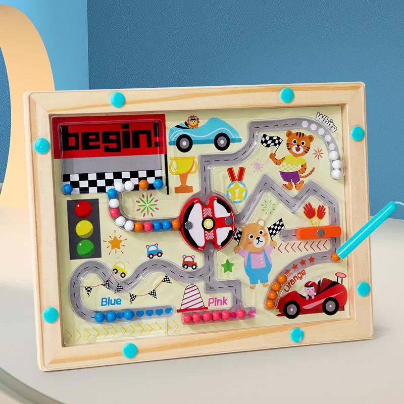 Montessori Magnetic Color Sorting Games Maze Board Pen Moving Bead Games Wooden Control Sensory Play Educational Toys for Kids