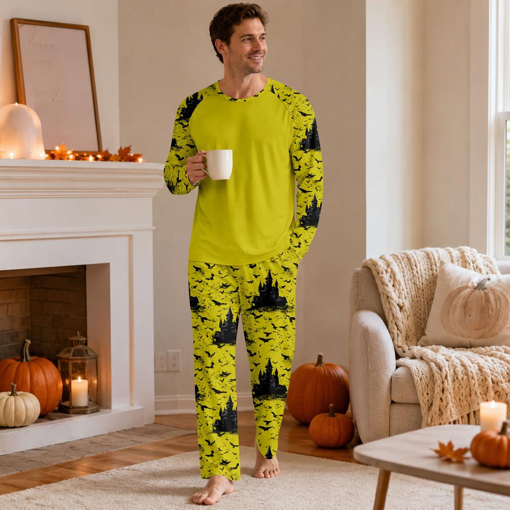 Men's Halloween Pajama Set with Long Sleeve Round Neck Top and Pants for Comfortable Sleep
