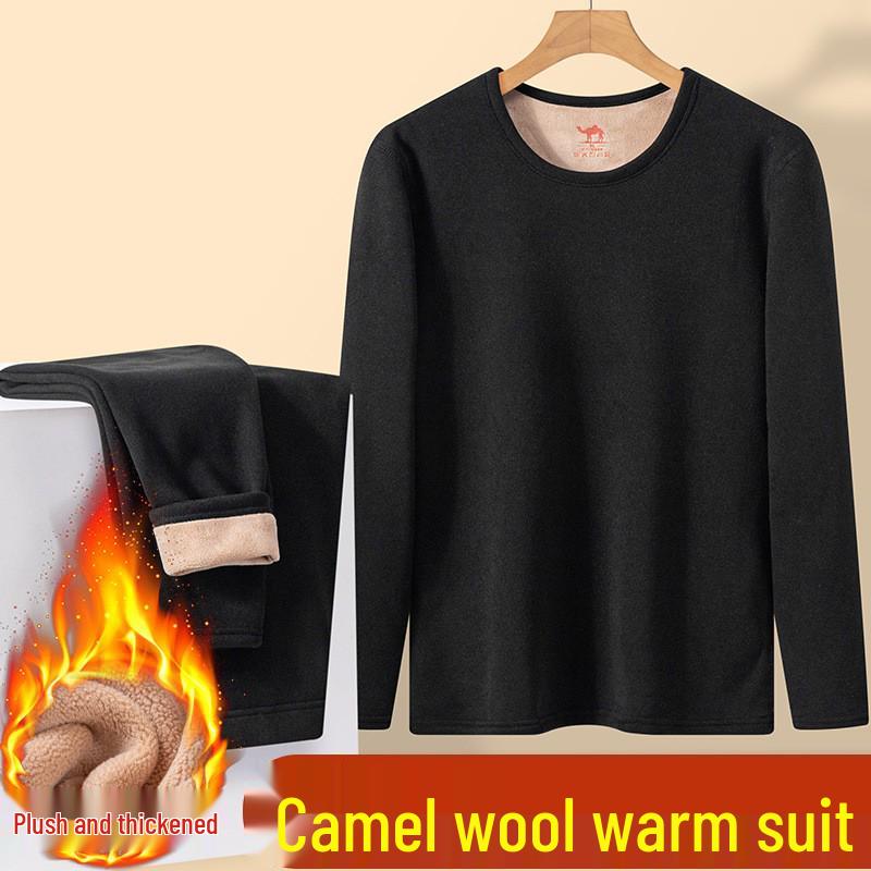 Camel Wool Fleece-Lined Underwear Set: Thick, Warm Base Layer for Women - Ideal for Autumn and Winter.