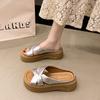 French Platform Slippers Women's Summer Wear 2025 New High-end Silver with Skirt Temperament Beach Cool Slippers
