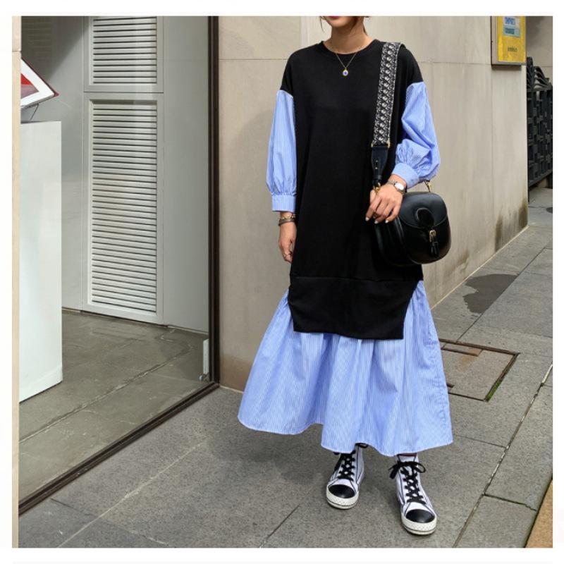 

Tooxika Длинный рукав Плюс Размер Женское Круглый вырез Трикотажное Сращивание Полосатый Рукав Рубашка Платье Поддельные Двухсекционное Длинное Платье XXXXXL