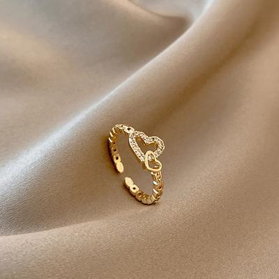 Fashion Double Heart Open Rings For Women Gold Color Crystal Chain Ring Girls Korean Party Jewelry Gift