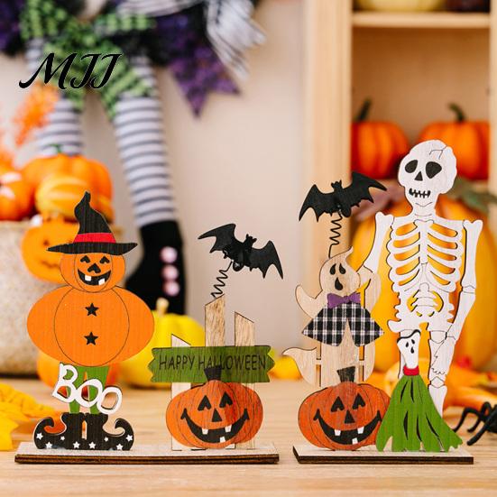 Halloween Spring Bat Sign Wooden Table Sign, Spooky Skeleton Pumpkin Ghost Centerpiece Solid Wood Ornament for Home, Shelf, Desk, Mantel, Tabletop,