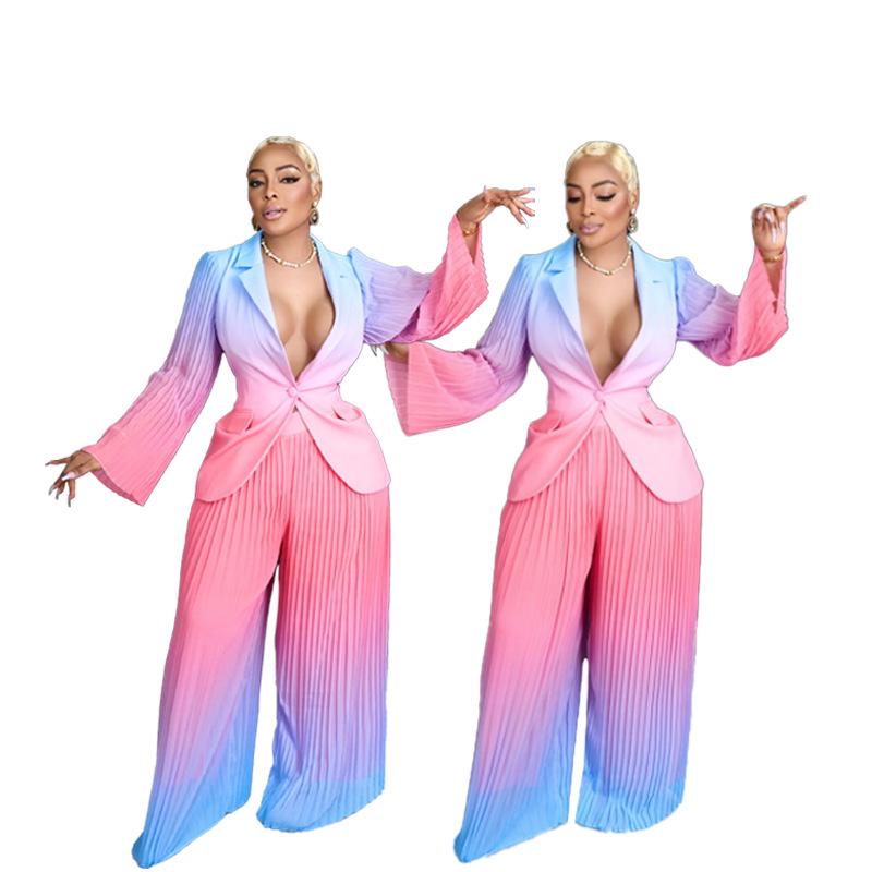 2023 Herbst/Winter Farbverlauf Plissee Slim Anzug & Weitbeinige Hose Set