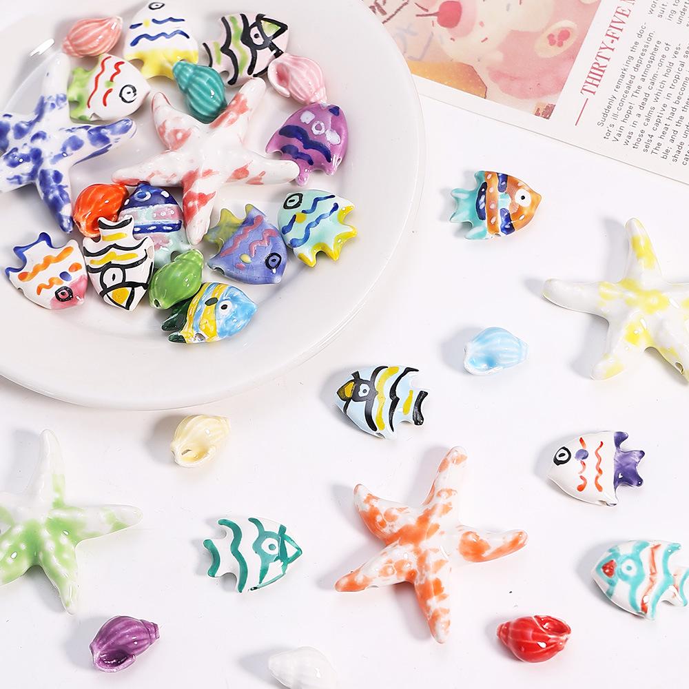 Hand-Painted Ocean Ceramic Beads: Tropical Fish, Starfish, and Seashell Shapes for DIY Jewelry