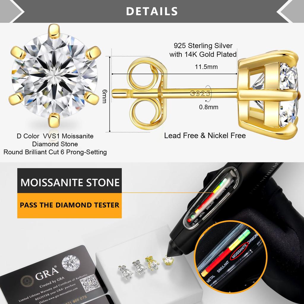 0.5ct 1ct 2ct 3ct Moissanite VVS GRA Certificate 18K White Gold Plated 925 Sterling Silver Men Women Lab Diamond Stud Earring