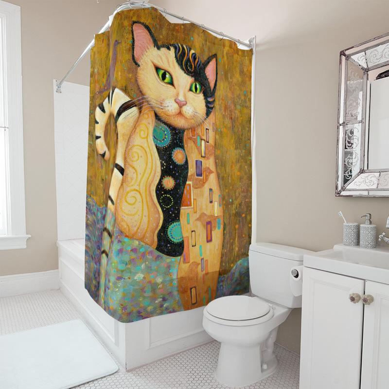 Stylish Cat Print Shower Curtain For Bathroom Decor Modern Artistic Design With Bird Motif 180X180Cm Size Available In Multiple