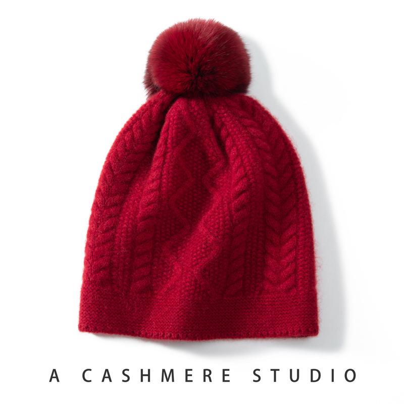 Women's 100% Pure Cashmere Cable Knit Hat with Pom-Pom, Ear Protection, Retro Style, Autumn/Winter