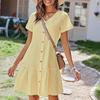 Women's Summer Cotton Linen Midi Short Sleeve Dress Casual V-Neck Button Down