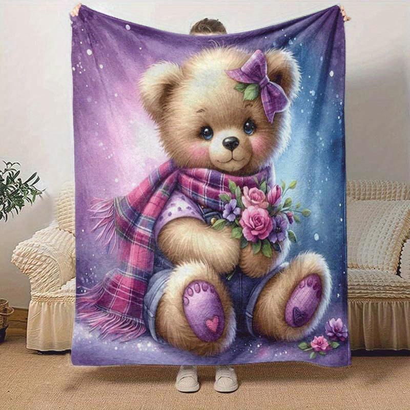 1pc Bear Printing Lightweight Flannel Blanket, Comfortable and Warm Blanket, for Camping Sofa Bed and Couch Office, in All Seasons