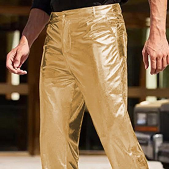 Men Pants Mid-rise Button Zipper Fly Shiny Casual Trousers