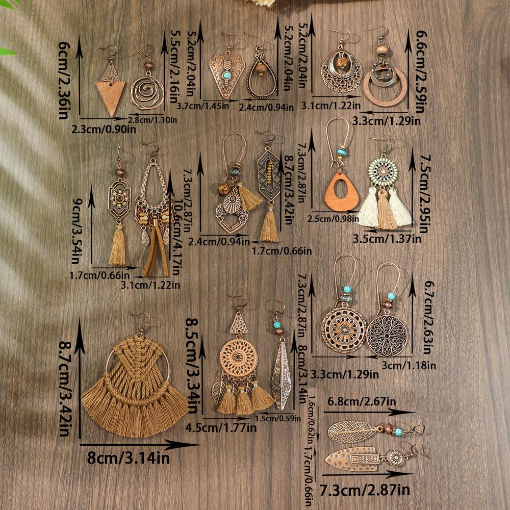 19 párů Boho náušnic Vintage hnědá série náušnic Střapcové tkané výrazné geometrické visací náušnice Lehké všestranné dárky