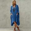 Women's Casual V-Neck Cotton Linen Three-Quarter Sleeve Asymmetric Dress for Everyday Wear