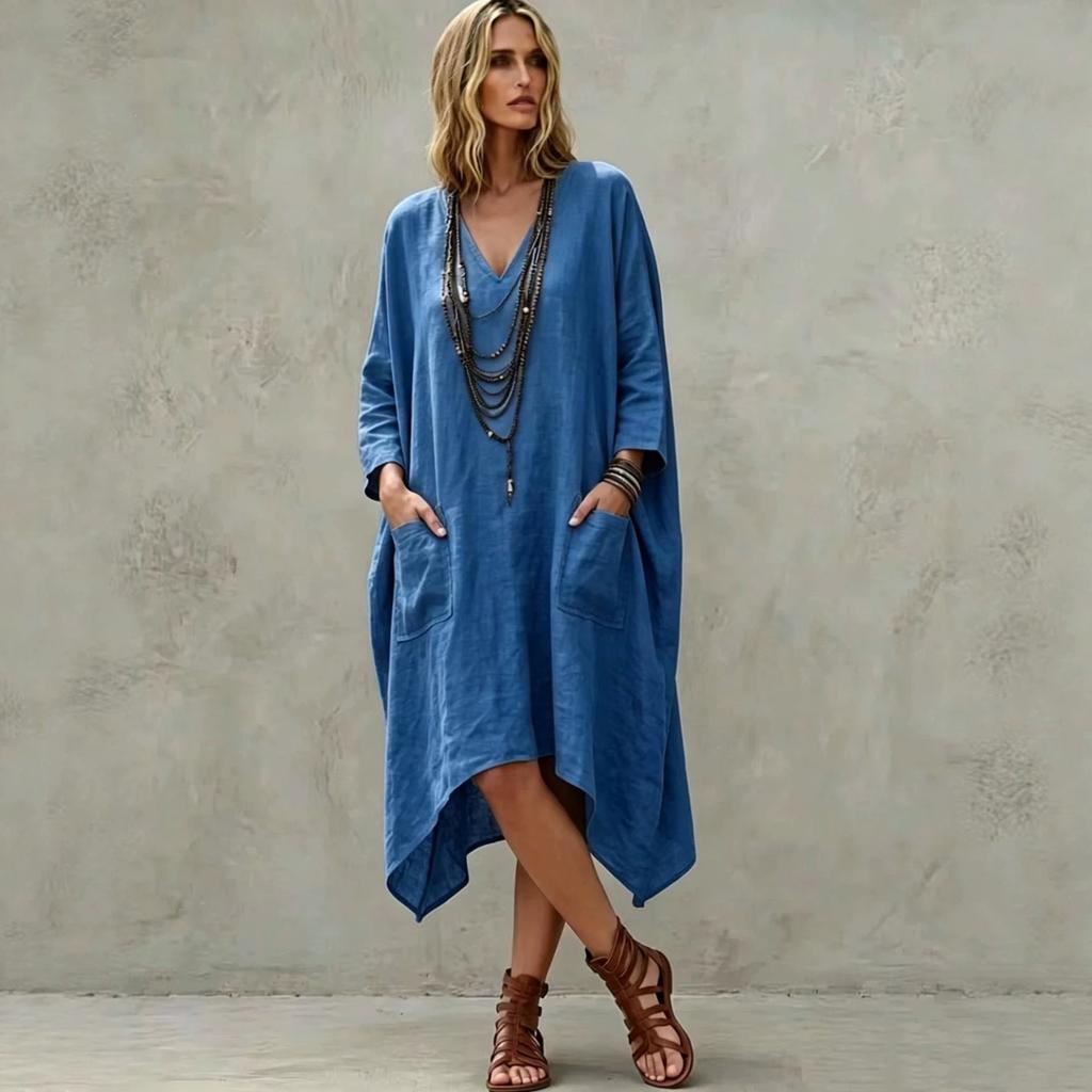 Women's Casual V-Neck Cotton Linen Three-Quarter Sleeve Asymmetric Dress for Everyday Wear