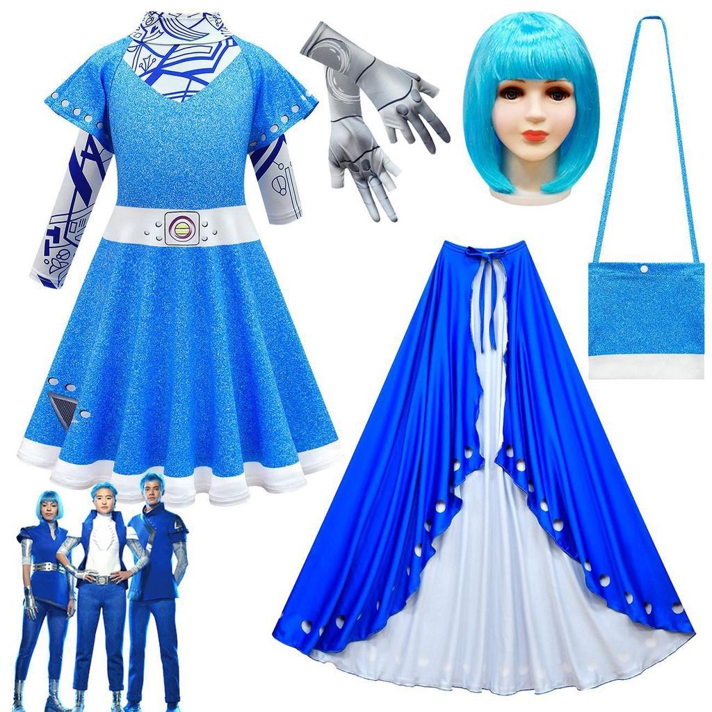 Zombies Kids Cosplay Costume Girls Dress Cloak Wig Bag Halloween Gift Outfit
