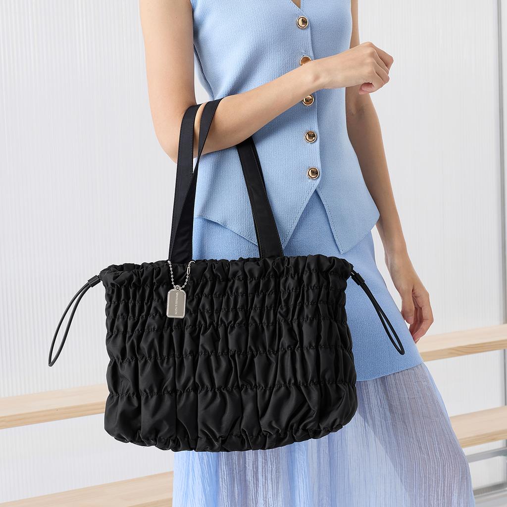 Charles & Keith Drawstring Capacity Pleated Tote Bag Soft Cloud Bag Shoulder Bag Large Women tote bags Cream Black CK2-30271558-1