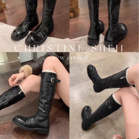 Cowhide version, annual combat boots~ The same washed horse leather buckle with thick heel medium and high boots female knight boots autumn and winter