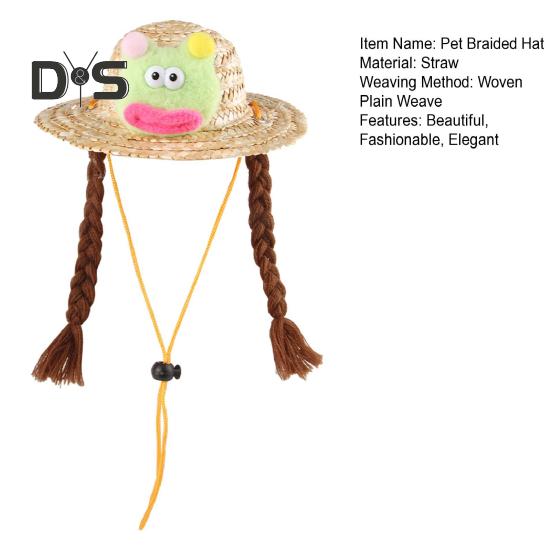 Pet Braided Hat Dog Straw Woven Hat Adjustable Pet Summer Shade Hat with Cute Frog Doll Pet Dress Up Prop Outing Headwear