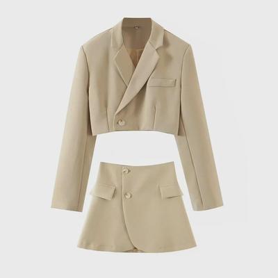 Trendy Spring & Autumn Women's Short-Sleeve Suit Jacket + High-Waist Pocket Skirt