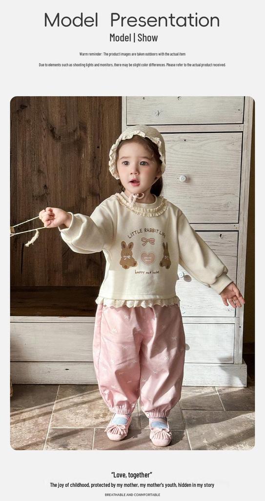Korean Girls' Spring 2026 Cartoon Hoodie & Pants Two-Piece Set