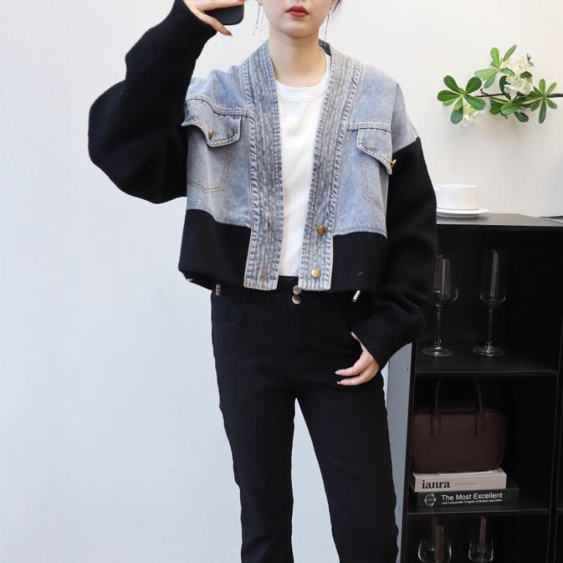 Short Spliced Denim Knitted Double-sided Cardigan Autumn and Winter New Loose Temperament Sweater Jacket Women