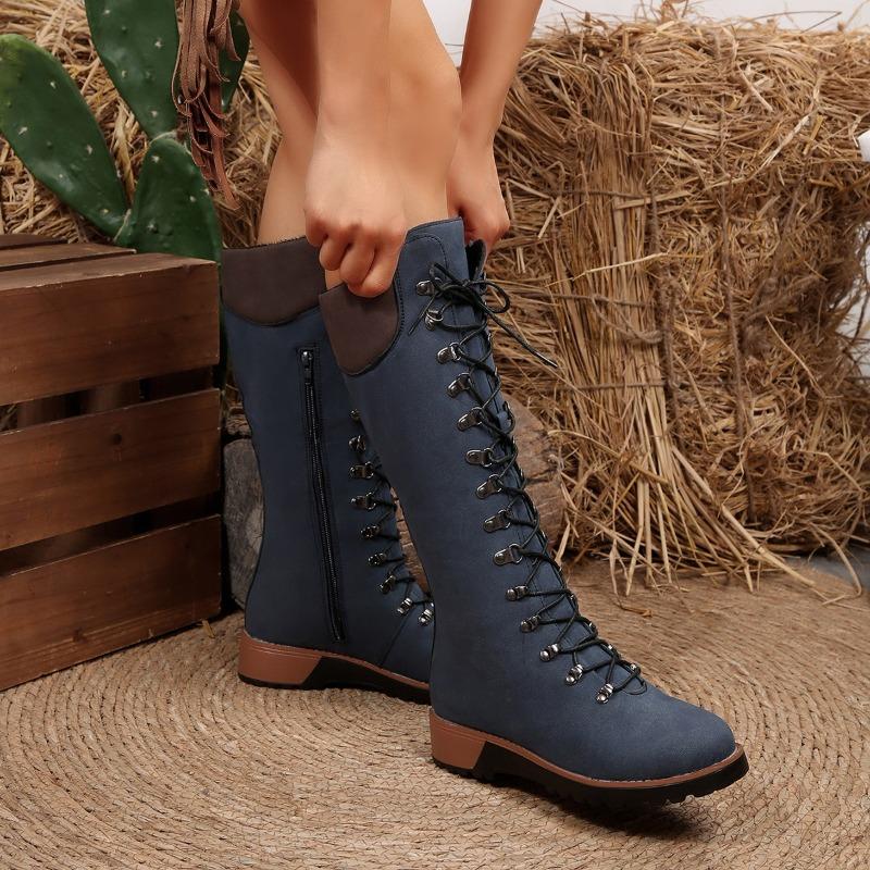 Lace-Up Front Tall Boots New Round Toe Cow Suede Side Zipper Soft Sole Anti-Slip Wear-Resistant Single Boots