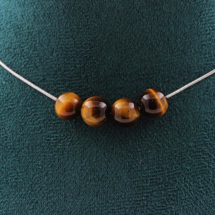 Collier - ABIJOUX - Oeil de Tigre - 4 perles 8 mm - Acier inoxydable - Taille personnalisable
