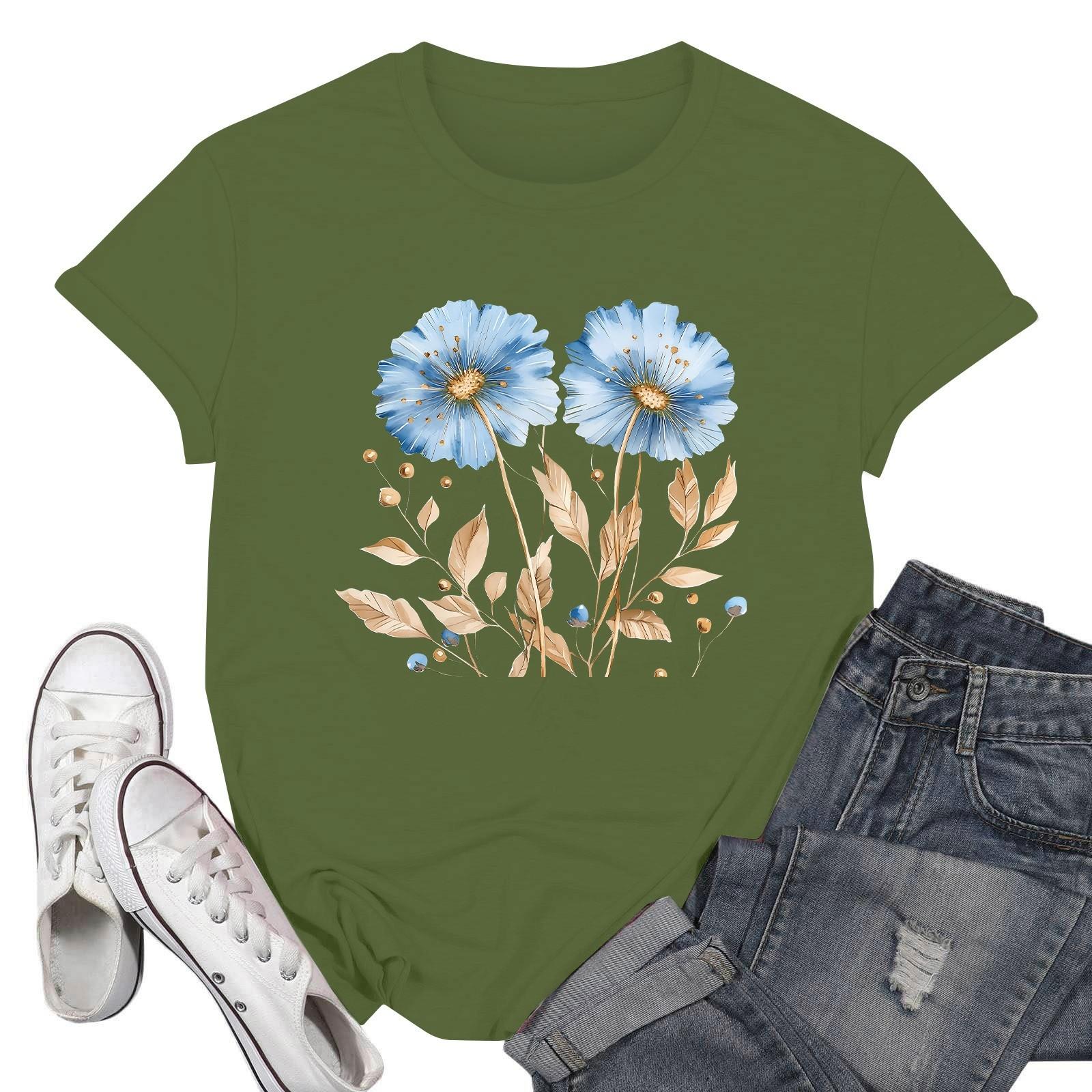 

Женские модные повседневные пуловеры с короткими рукавами и круглым вырезом с принтом L армия зеленый