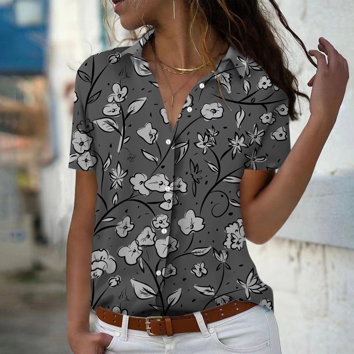 

Лето 2025 Новая Мода Женская Блузка с Коротким Рукавом и V-образным Вырезом на Пуговицах с Цветочным Принтом 8XL серый