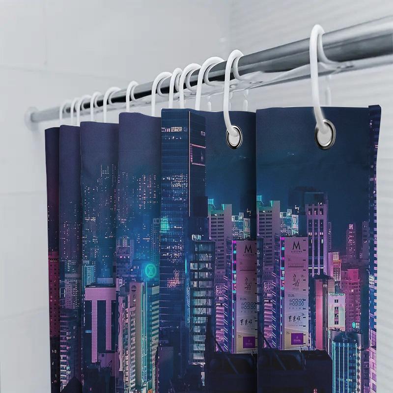 Neon Cityscape Shower Curtain Modern Abstract Wall Art Vaporwave Aesthetic Home Decor Urban Nightscape Backdrop Photography