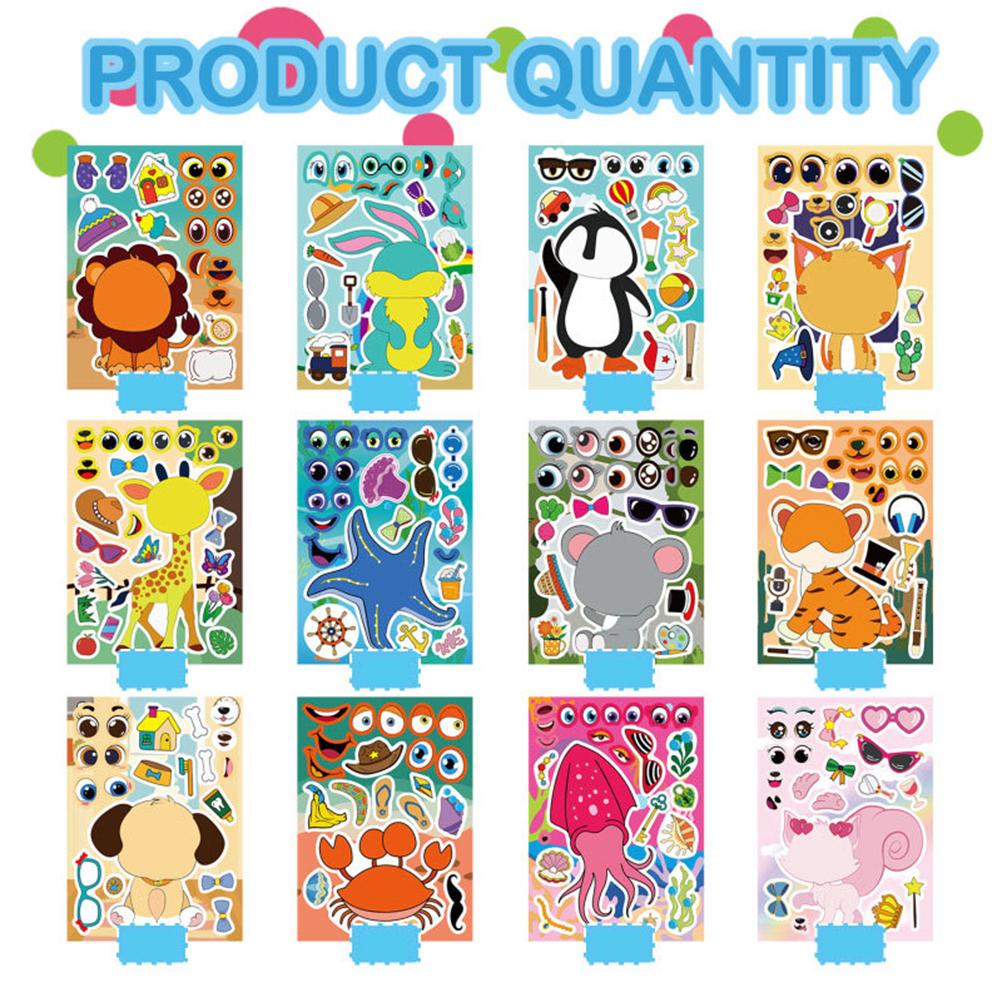 6/12sheets Mixed Cute Animals Cartoon Puzzle Stickers Funny Make a Face Party Game Assemble Jigsaw Decals Toys Gifts