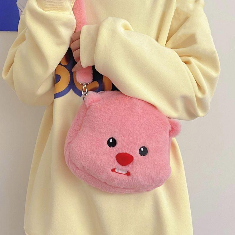 Cute Beaver Plush Crossbody Bag Soft Kawaii Cartoon Mini Shoulder Purse For Women Sweet Small Backpack