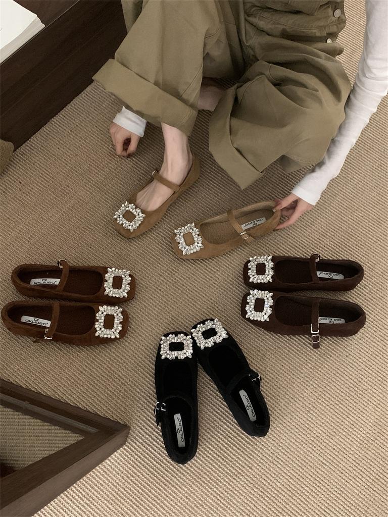 Women's Temperament Mary Jane Shoes Women's Velvet French Evening Breeze Square Head Rhinestone Woolen Shoes Women's Winter Flat Shoes