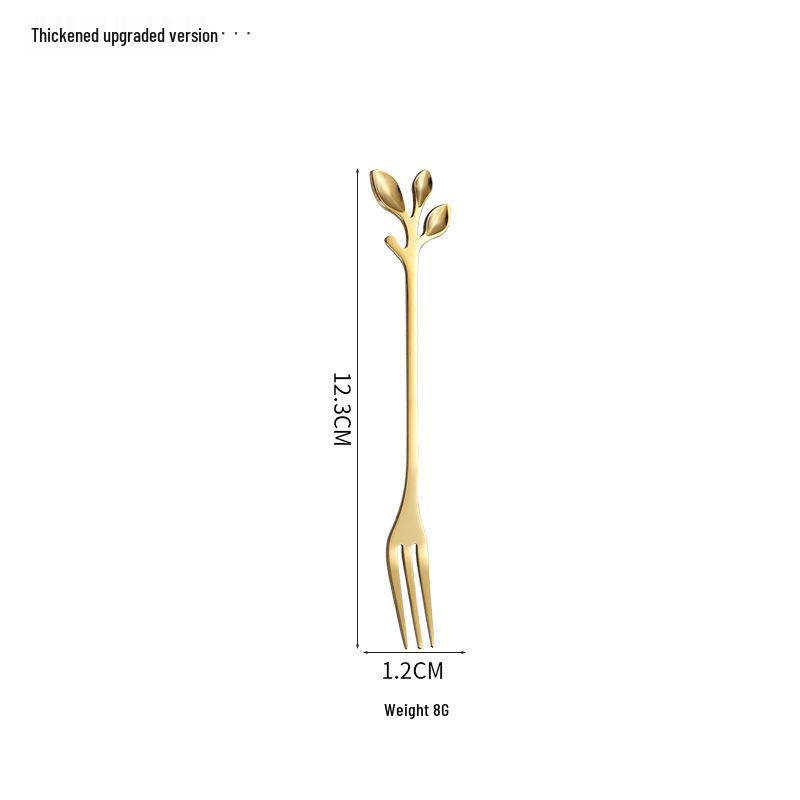 Gold Stainless Steel Leaf Spoon and Fork Set - Long Handle for Stirring, Desserts, and Coffee