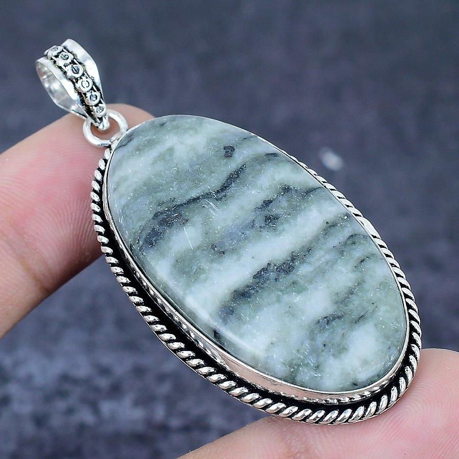 Banded Green Opal Gemstone 925 Sterling Silver Jewelry Pendant 2.44" B6P20
