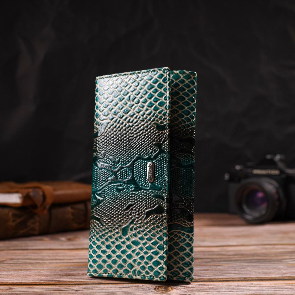 Patent Wallet for Women Made of Genuine Textured Leather with Reptile Embossing CANPELLINI 21824 Green
