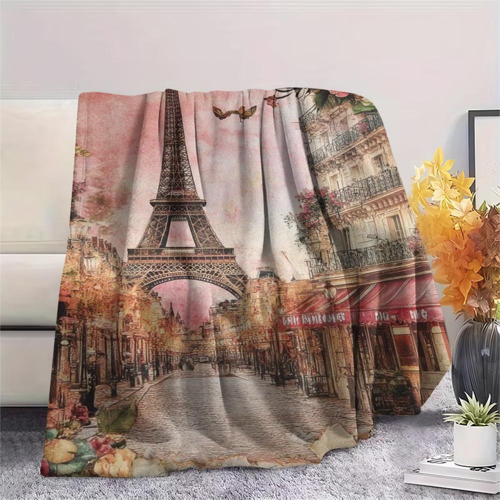 1Pc Eiffel Tower Art Print Flannel Blanket, High quality Comfortable for All Seasons, Home Decor, Warmth and Comfort, Perfect for Gifts
