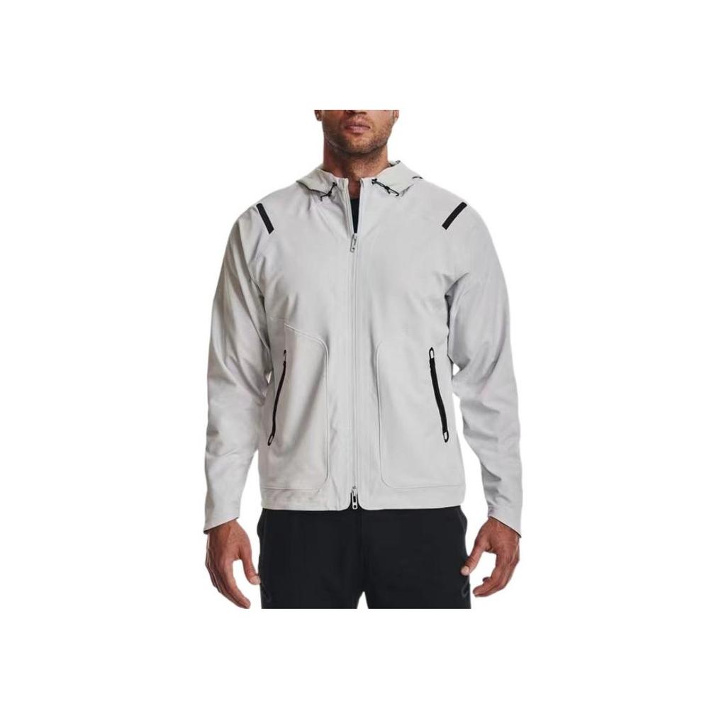 Under Armour Sun Protection Series Solid Zip-Up Drawstring Hooded Sports Woven Breathable Training Jacket Men Jacket Grey 1370494-014