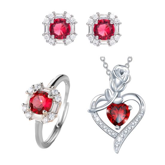 Red Zircon Love Heart Jewelry Set Rhinestone Necklace Stud Earrings Ring Set Romantic Accessories for Birthday Valentine's Day Gift