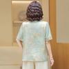 Women's Chinese Style Floral Print Blouse V-Neck Short Sleeve Satin Top for Middle-Aged