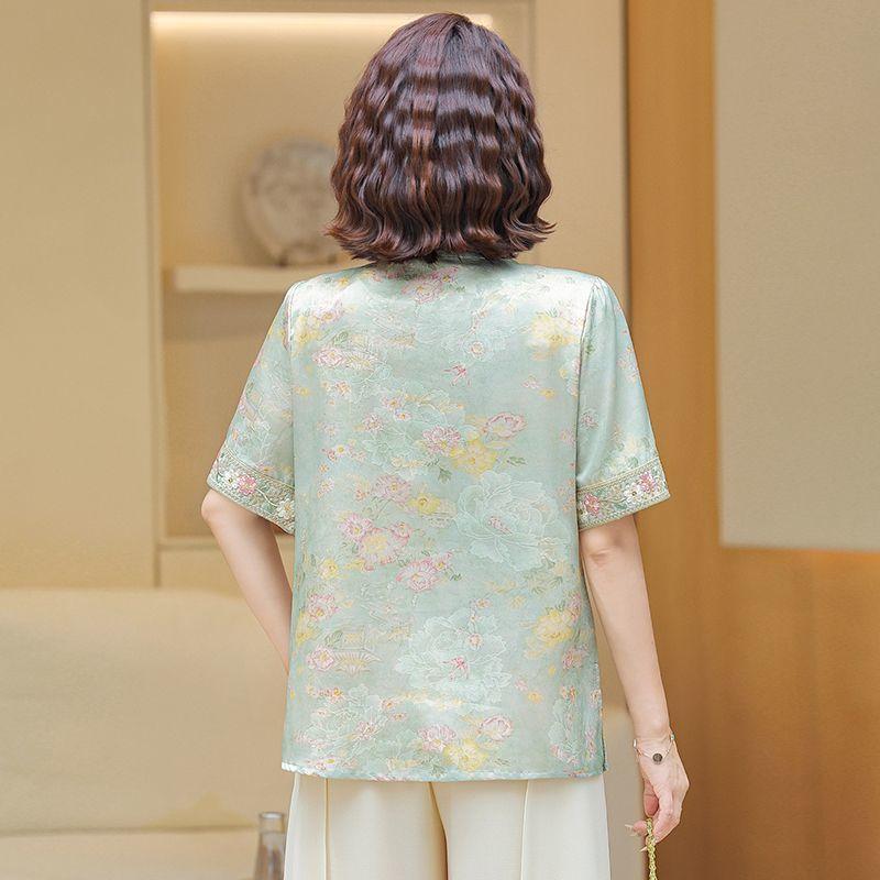 Women's Chinese Style Floral Print Blouse V-Neck Short Sleeve Satin Top for Middle-Aged
