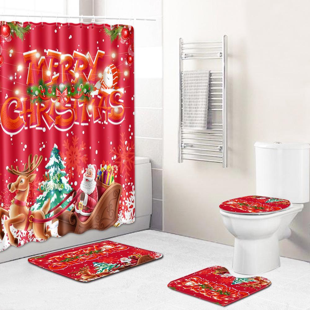 Christmas Shower Curtain Floor Mat Combination Four-Piece Set Bathroom Toilet Carpet Shower Room Mat Foot Mat