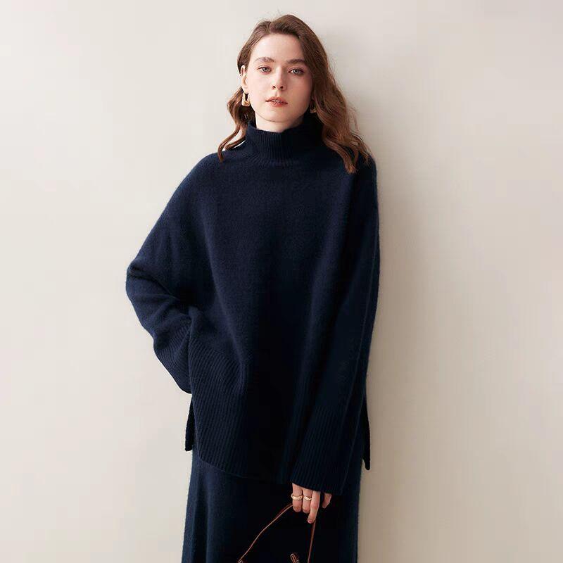 New split-ended loose-knit pullover solid-color turtleneck loose autumn and winter women's sweater