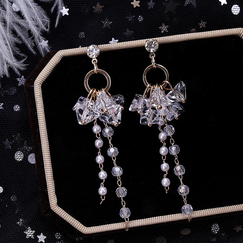Irregular Crystal Flower Imitation Pearl Tassel Long Drop Earrings for Female Geometric Pendant Ear Wedding Jewelry