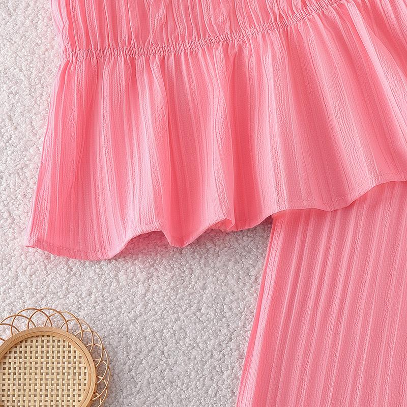 Dívčí módní set 2025 léto dětský jednobarevný ležérní top na ramínka rovné kalhoty set