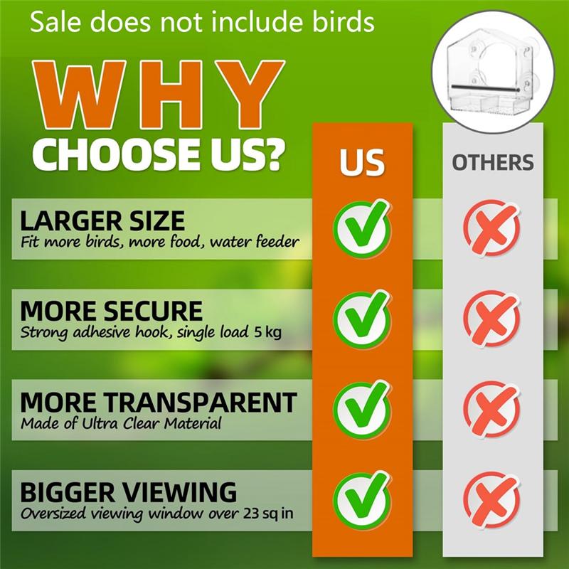 T02C!Window Bird Feeder With Non-Marking Self-Adhesive Hooks, Clear Window Bird Feeder For Outside, Transparent Bird House Durab